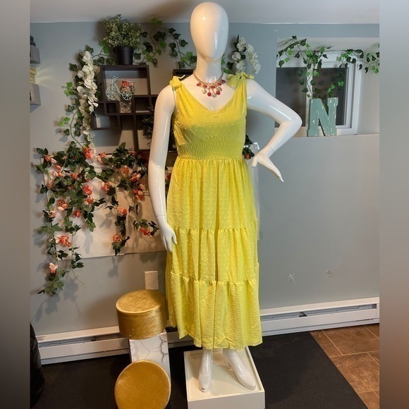 Sunny Yellow Swiss‎ Dot Tie Shoulder Tiered Maxi Dress Size L RefJ009 - Picture 1 of 9